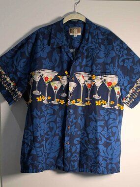 Kalaheo Hawaii Mens XL Martini Cocktail Aloha Shirt Blue Floral Button-Up